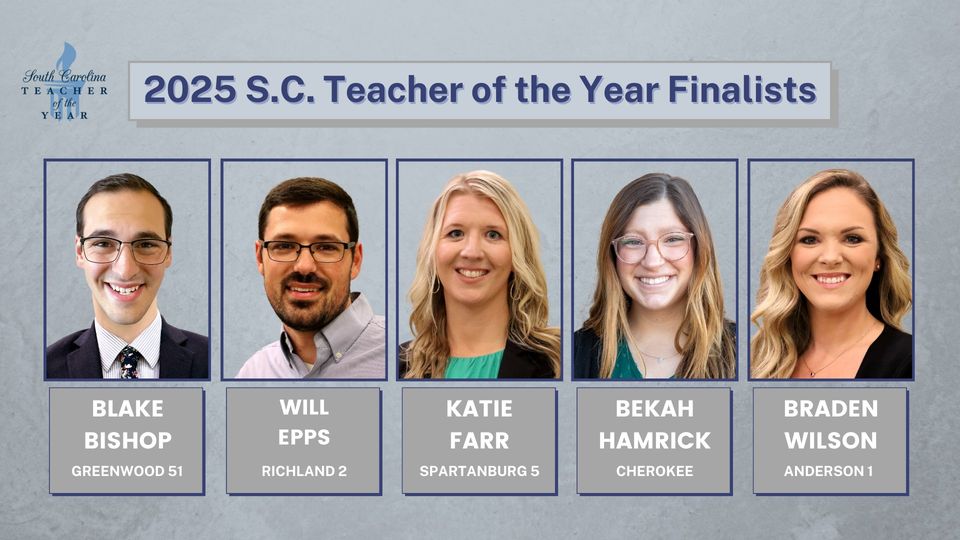 This is a picture of the five finalist for SC Teacher of the Year. From left to right, Renee Atkinson from Horry County, Mandy DeMeio from Fort Mill Schools, Anne Reamer from Lexington Two, Amsavalli Velayuthan from Jasper County, and Wayne Williams from Clover School District