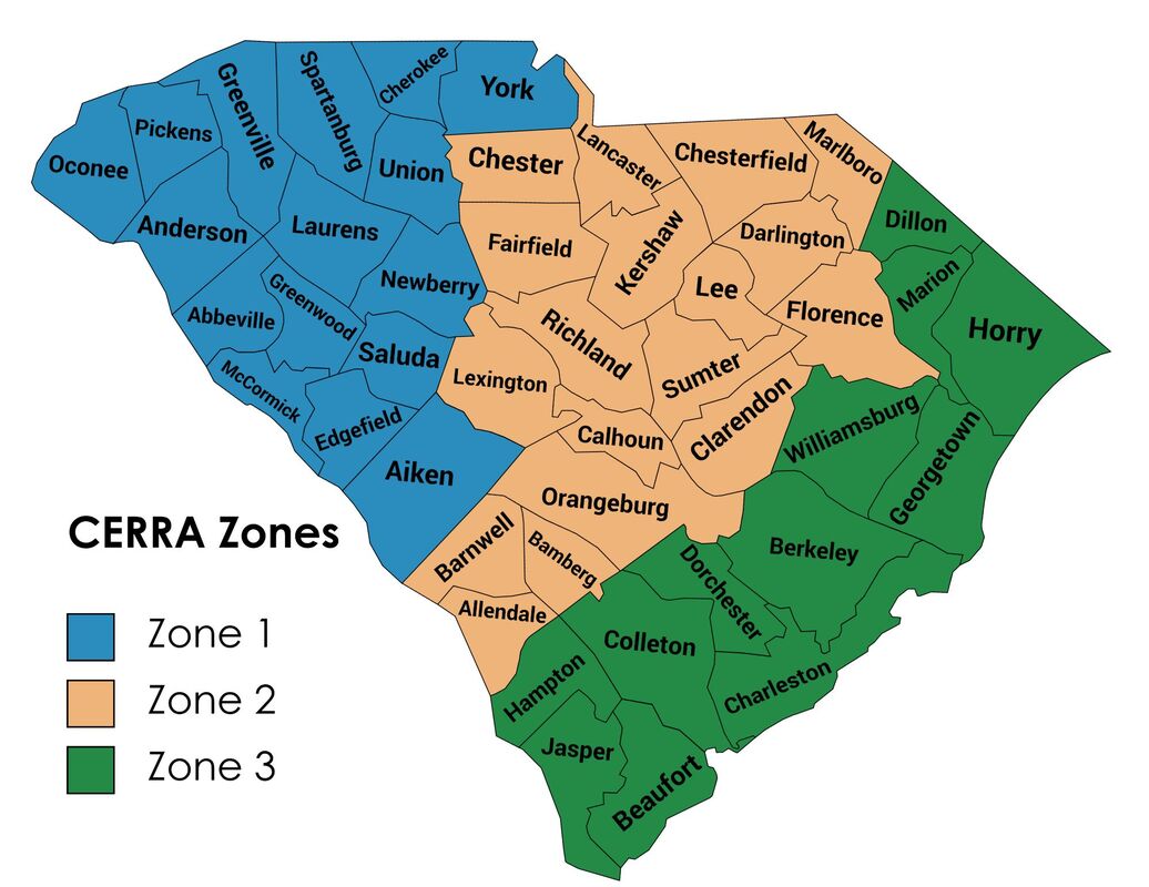 Map of the three CERRA zones. The counties in each zone are listed in the following section.
