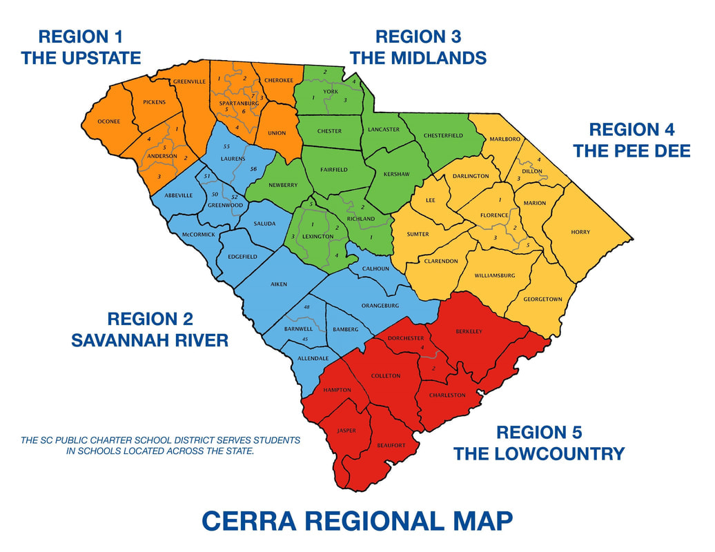 This is a map of the 5 regions of SC: Region 1, the Upstate, Region 2, Savannah River, Region 3, the Midlands, Region 4, the Pee Dee, and Region 5, the Low Country. 